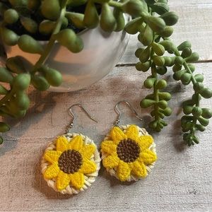 🌻🌿🍂 Sunflower Embroidered Dangle Earrings with Rattan Back. New!